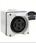 Built Like A Tank 30 Amp Weatherproof Outdoor Power Outlet Box For Ev Chargers Rv Campers And Generators Knockout Durability 14-30R Receptacle close-up view with flip lid open