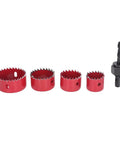 FTVOGUE Premium 5-Piece M42 Steel Hole Saw Kit With Drill Bit Cuts Big Holes In Wood Plastic Aluminum And Steel Perfect For Serious DIY Crafters And Pro Woodworking Pros Today. red hole saw set with pilot drill bit, 32-54 mm