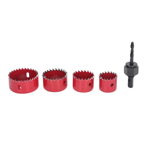 FTVOGUE Premium 5-Piece M42 Steel Hole Saw Kit With Drill Bit Cuts Big Holes In Wood Plastic Aluminum And Steel Perfect For Serious DIY Crafters And Pro Woodworking Pros Today. red hole saw set with pilot drill bit, 32-54 mm