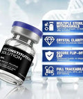 Reconstitution solution bottle with multiple features: sterile withdrawals, crystal clarity, secure cap, and full traceability options.