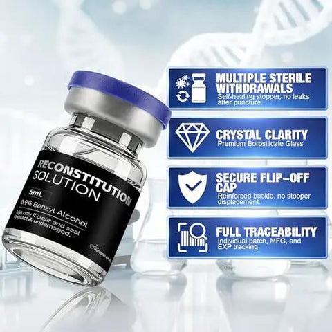Reconstitution solution bottle with multiple features: sterile withdrawals, crystal clarity, secure cap, and full traceability options.