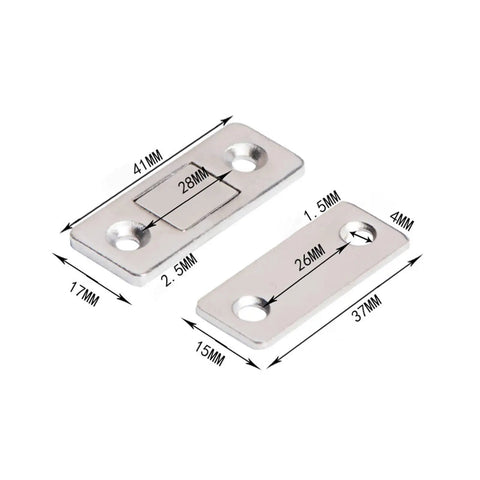 Super Sleek No Damage Cabinet Door Catches With Screws for Wardrobe And Drawer, silver steel catch kit, dimensions labeled.