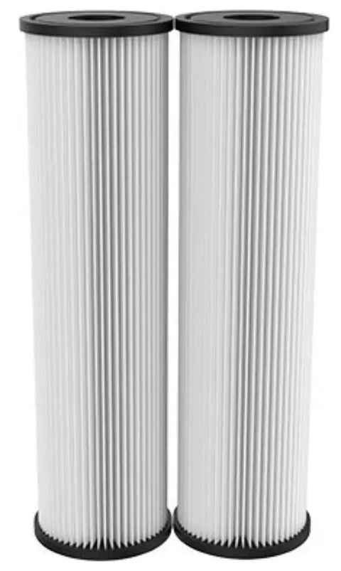 Sediment Water Filter Replacement Cartridge 10 Inch By 2.5 Inch Pleated Cellulose 20 Micron Whole House Filter 2 Pack Keeps Your Pipes And Appliances Running Clean And Safe, side view of two cartridges