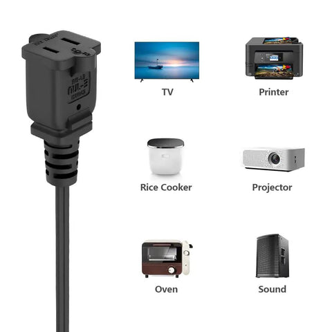 Two Prong Extension Cord With Two Outlets Three Foot Polarized Power Cable 125V 10A NEMA 1-15P To 1-15R Black For Home Office Use