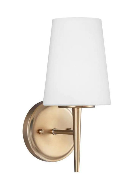 Side view of Driscoll One Satin Brass 1 Light Wall Sconce Vanity Fixture For Wet Locations cETL Listed with steel frame and opal shade