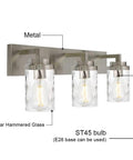 Go To Brushed Nickel Vanity Light 3 Light Modern Bathroom Fixtures Over Mirror With Hammered Glass Shade Contemporary Wall Light Up And Down