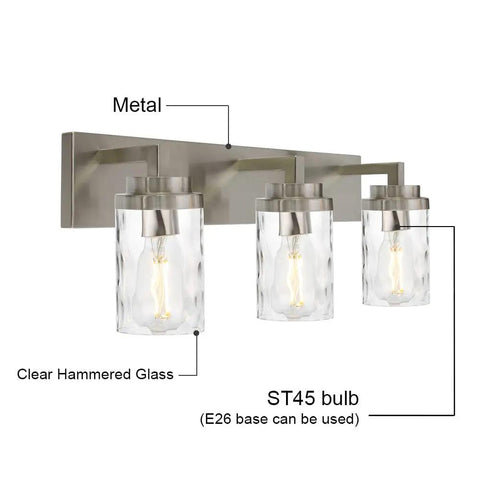 Go To Brushed Nickel Vanity Light 3 Light Modern Bathroom Fixtures Over Mirror With Hammered Glass Shade Contemporary Wall Light Up And Down