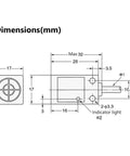 Technical diagram of DC 10-30V Inductive Proximity Sensor 3 Wire NPN With 5mm Detection Distance, dimensions and indicator light shown
