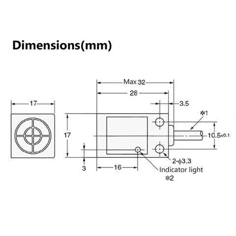 Technical diagram of DC 10-30V Inductive Proximity Sensor 3 Wire NPN With 5mm Detection Distance, dimensions and indicator light shown