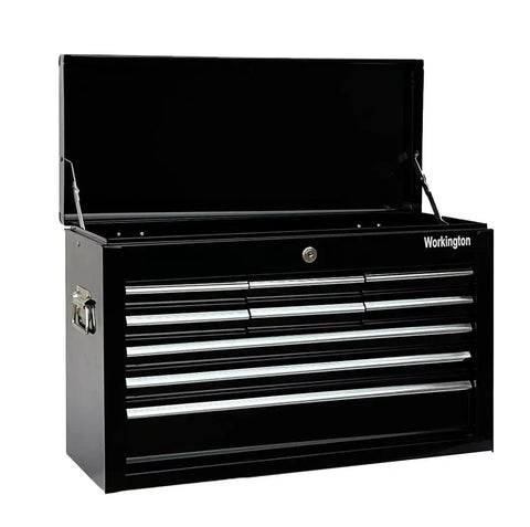 Beefy Portable 9 Drawer Tool Chest In Steel Black With Ball Bearing Drawer Slides Central Lock Two Side Handles Non Slip Liners