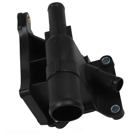 Heavy Duty Engine Coolant Outlet Flange Straight Swap Fit For Mazda 3 And Mazda 5 2009 To 2015, black polymer part with pipes.