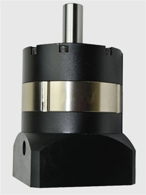 Ple120 Round Flange Planetary Gearbox Speed Reducer For 130 Servo Motor 22Mm Input Shaft with black housing and stainless steel shaft.
