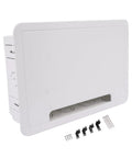 9 Inch In Wall TV Cable Management Box For Hidden Wires And Media Storage with accessories, white enclosure.