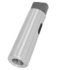 Side view of a steel Morse taper drill sleeve adapter; hollow cylindrical body with a side through-hole and dark tapered end.