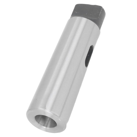 Side view of a steel Morse taper drill sleeve adapter; hollow cylindrical body with a side through-hole and dark tapered end.