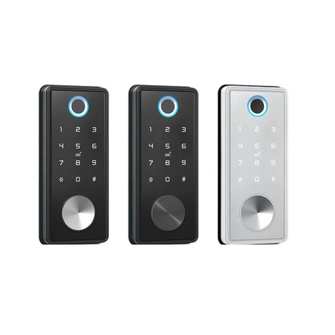 Badass Fingerprint Smart Door Lock Retrofit in black and silver, showcasing keypad, compact design for easy installation, WiFi compatible.