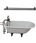 Top Shelf 54 Inch Roll Top Bathtub With Integrated Shower Kit, Slick White Freestanding Soaking Tub showing faucet and shower rod.