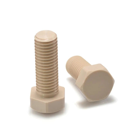 Top Shelf M3x16 PEEK Hex Head Screws 10 Pack displayed in beige color showing hex drive head and threaded shaft.
