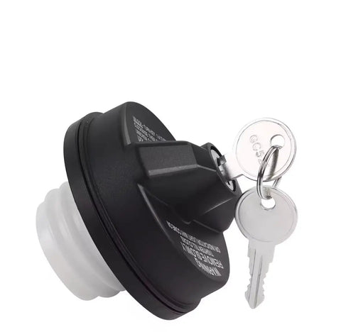 Locking Gas Cap For Smart 1 SUV 2023 2024 Plus Anti Theft Security, Heavy Duty Fuel Cap Replacement With Precision Lock Cylinder And Spare Keys For Total Fuel Security And Peace of Mind. Black locking gas cap with keys, side view