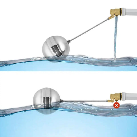 Stainless Steel Float Ball Valve For Water Tank Automatic Water Level Control With Adjustable Float showing operation in water tank.