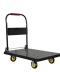 Heavy Duty Folding Platform Hand Truck With Wheels And Textured Plastic Deck, Metal Handle For Easy Hauling, Rugged Cart For Moving Heavy Loads At Jobsite, Garage Or Warehouse, Smooth Glide And Durable Construction black folding platform cart with yellow wheels