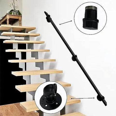 Rock Solid Black Metal Wrought Iron Stair Railing With Modern Wall Mount Handrail For Indoor And Outdoor Use installed beside wooden steps.