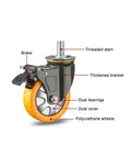 Heavy Duty Swivel Casters With Dual Lock Brakes 5 Inch PU Rubber Wheels 4 Pack close-up of dual bearing and brake features.