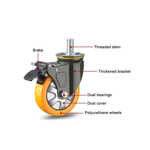 Heavy Duty M20 Stem Caster Wheels 4 Pack With Double Lock Brake Smooth As Butter Glide Polyurethane Rollers close-up of threaded stem and brake