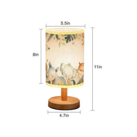 Minimalist Safari Animals Watercolor Bedside Table Lamp With Baby Elephant Lion Zebra Giraffe Wood Base And Flaxen Fabric Shade