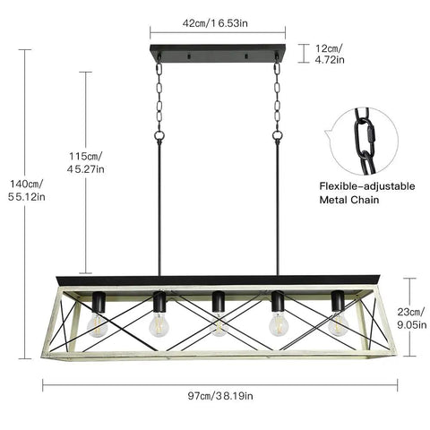 Five Light Industrial Kitchen Island Pendant Light Fixture With Oak White Frame Farmhouse Metal Chandelier Ceiling Hanging