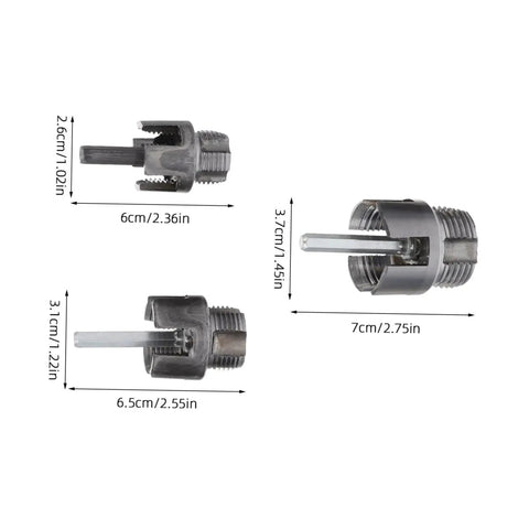 Cabilock 3 Pc Electric Drill Pipe Threader Kit For Cutting Plastic And Metal Pipes features three interchangeable cutters for varied tubing sizes.