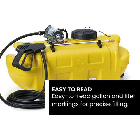 15 Gallon Gold Spot Sprayer With Prime Pump For Ag And Weed Control showing easy-to-read gallon markings on yellow poly tank.
