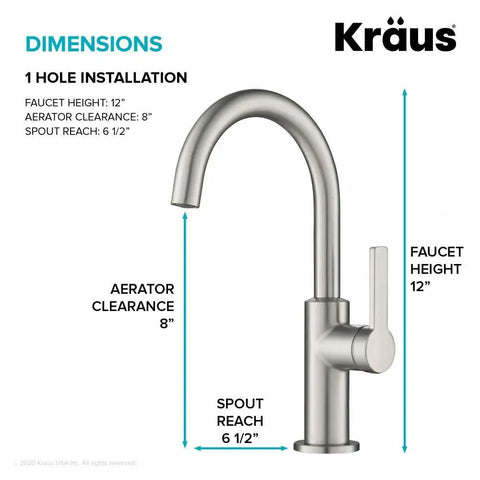 Diagram of Oletto Single Handle Kitchen Bar Faucet in Spot Free Stainless Steel, showing dimensions with 12 inch height and 6.5 inch spout reach.