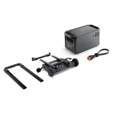 Portable Power Station Rolling Cart components with heavy-duty wheels, handle, and power bank for outdoor use.