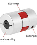 Close-up of Flexible Spider Shaft Coupling For CNC Stepper Motors D20 L25 5mm To 8mm Bore, showing elastomer and locking bolt details.