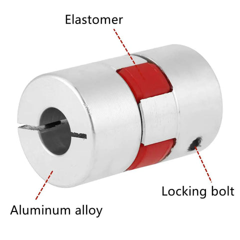 Close-up of Flexible Spider Shaft Coupling For CNC Stepper Motors D20 L25 5mm To 8mm Bore, showing elastomer and locking bolt details.