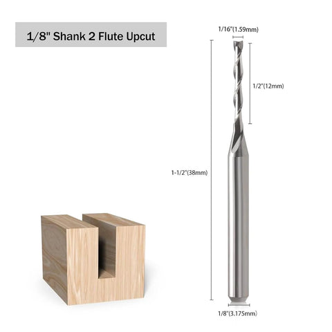 CNC router bit with 1/8 in shank, 1/16 in cutting dia, two-flute upcut carbide end mill for wood PVC MDF hardwood