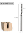 Premium Heavy Duty CNC Router Bits Featuring 1/8 Inch Shank Solid Carbide End Mills With Slick Flat Nose Upcut Spiral Design For Dead Straight Precision Cutting Through Wood MDF PVC And Acrylic Knockout 5 Piece Kit with detailed dimensions.