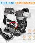 Front view of oil-free lab vacuum pump, 50 L/min, 3 ports, switch gauge, power cord and hoses
