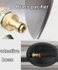 Brass pacifier and protective hose of Rock Solid Stainless Steel Retractable Garden Hose Reel featuring thirty meter tubing.