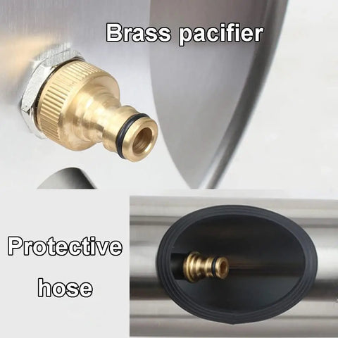 Brass pacifier and protective hose of Rock Solid Stainless Steel Retractable Garden Hose Reel featuring thirty meter tubing.