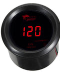 Front view of 2-inch (52mm) digital oil pressure gauge with red LED display for automotive use