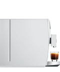 Piano White Super Automatic Coffee Machine With Pro Aroma Grinder And Pulse Extraction Tech For Straight Barista Quality Crema side view with espresso shot.