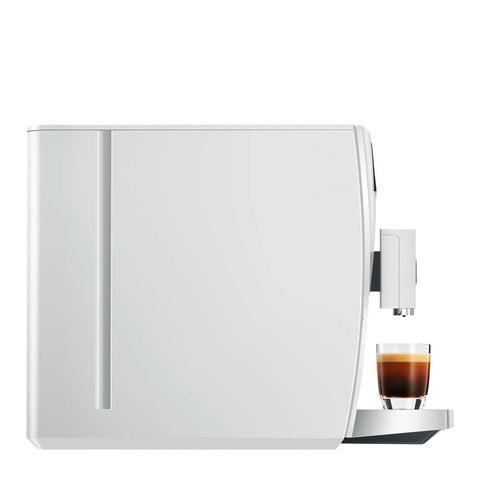 Piano White Super Automatic Coffee Machine With Pro Aroma Grinder And Pulse Extraction Tech For Straight Barista Quality Crema side view with espresso shot.