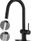 Matte Black Kitchen Faucet With Pull Down Sprayer, Modern Stainless Steel One-Handle Sink Faucet, featuring spray modes