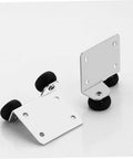 Sliding Glass Door Roller Pulleys Set For Wardrobe And Cabinet Tracks, heavy duty steel rollers, silver, two units front view.
