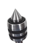 Close-up of 3MT medium-duty live center with conical steel tip and knurled collar