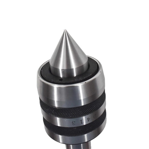 Close-up of 3MT medium-duty live center with conical steel tip and knurled collar