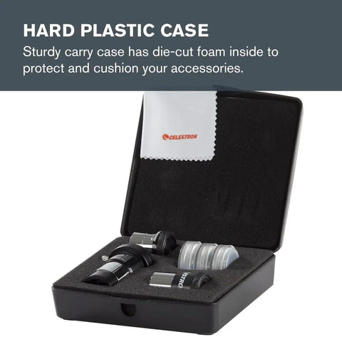 AstroMaster Beginner Friendly Eight Piece Eyepiece And Filter Kit with hard case, eyepieces, Barlow lens, and filters displayed.