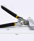 Side view of hand seamer with black ergonomic handles and 6in straight jaw for bending sheet metal.